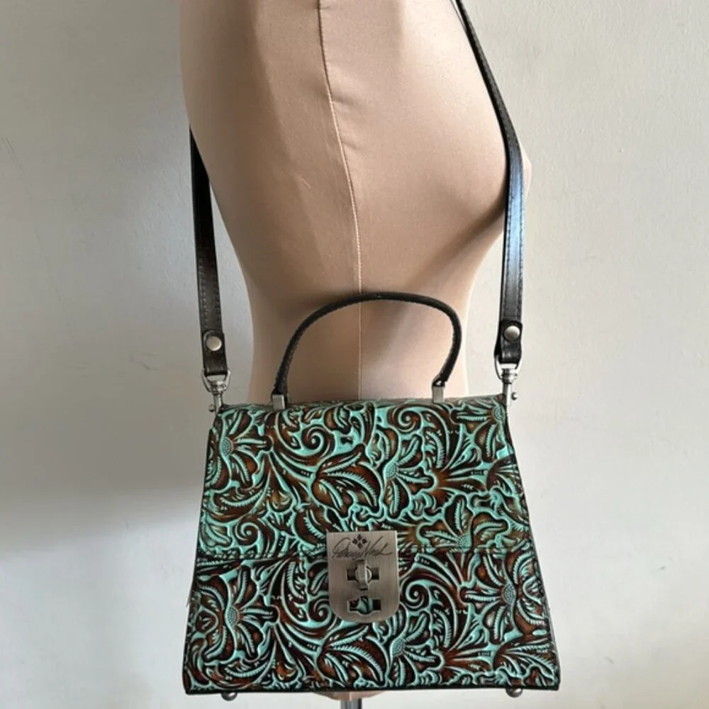 Patricia Nash Leather Tooled Chauny Turquoise Handbag Crossbody Top Handbag